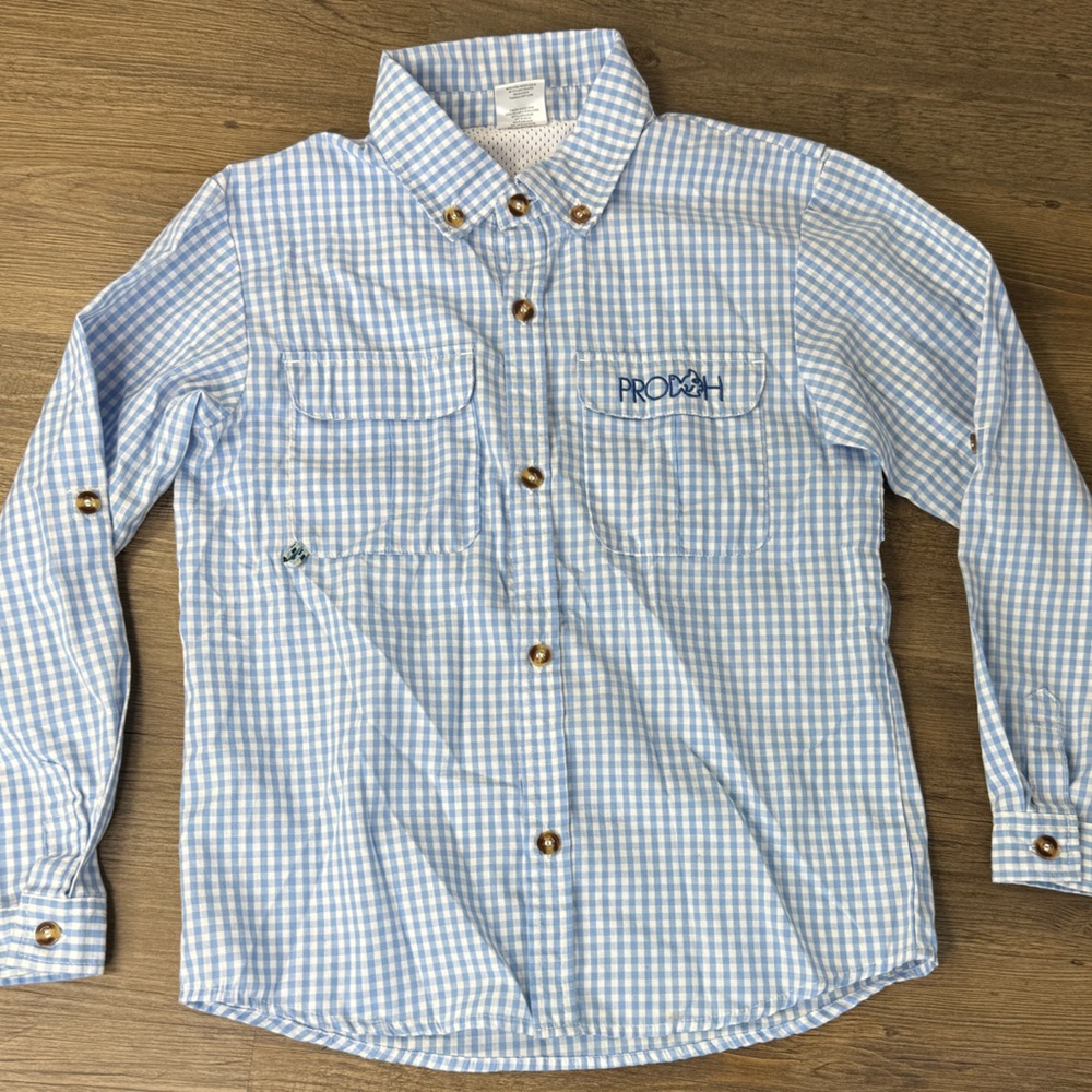 ProDoh Boys Light Blue White Gingham Button Down Fishing Shirt, size Med (10-12)